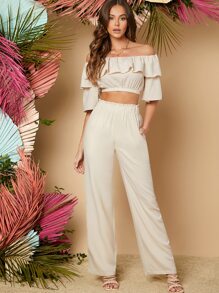 SHEIN VCAY Bộ đồ hai mảnh nữ Xù màu trơn Boho - Màu be - Xem 1