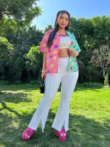 SHEIN Áo sơ mi Plus Size Nút phía trước Khối Màu Hoa Giải trí - Nhiều màu - Xem 4