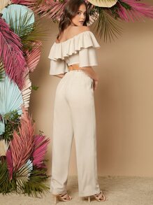 SHEIN VCAY Bộ đồ hai mảnh nữ Xù màu trơn Boho - Màu be - Xem 2