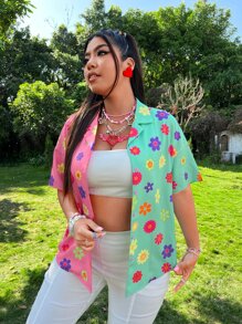 SHEIN Áo sơ mi Plus Size Nút phía trước Khối Màu Hoa Giải trí - Nhiều màu - Xem 5