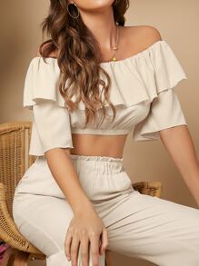 SHEIN VCAY Bộ đồ hai mảnh nữ Xù màu trơn Boho - Màu be - Xem 4