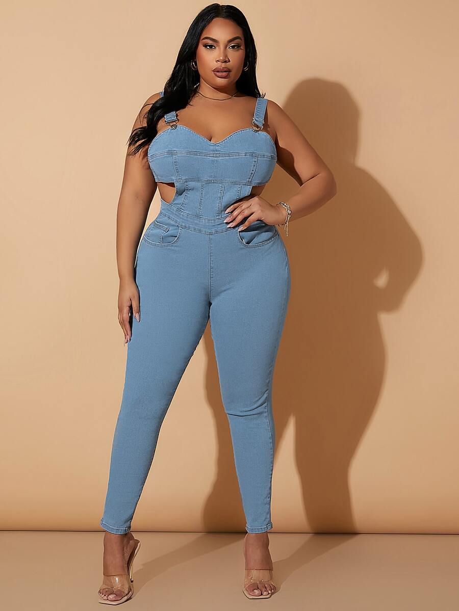 Jumpsuit overol mezclilla con abertura con cremallera trasera - Lavado ligero - Ver 1