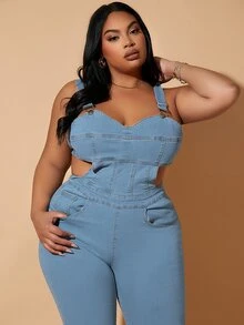 Jumpsuit overol mezclilla con abertura con cremallera trasera - Lavado ligero - Ver 4