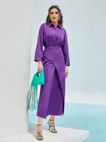 Seusyu 落肩袖圍裹後綁帶連衣裙