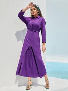 Seusyu 落肩袖圍裹後綁帶連衣裙