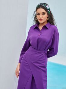 Seusyu 落肩袖圍裹後綁帶連衣裙