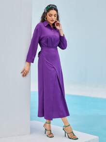 Seusyu 落肩袖圍裹後綁帶連衣裙