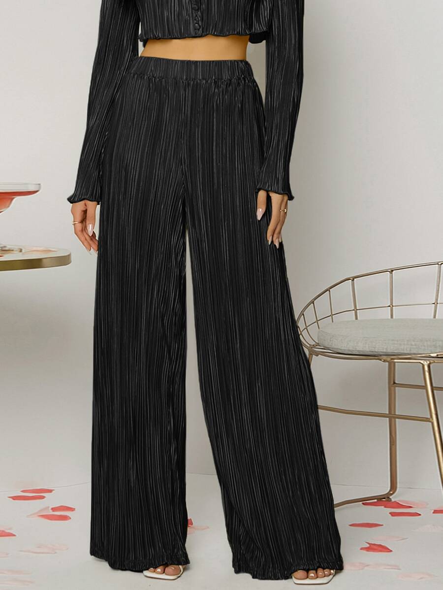 SHEIN BAE 闊腿褶皺長褲 - 黑色 - 查看 1