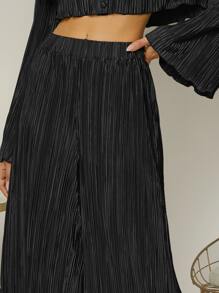 SHEIN BAE 闊腿褶皺長褲 - 黑色 - 查看 4