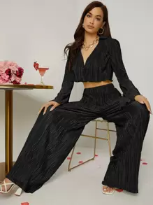 SHEIN BAE 闊腿褶皺長褲 - 黑色 - 查看 5