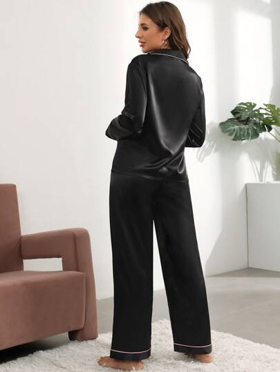 Contrast Piping Top Tie Front Pants Satijnen PJ Set Pajama Set, Fall Clothes Cozy Elegante s, view 2