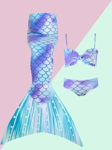 Toddler Girls 3pack Random Fish Scale Print Frill Trim Mermaid Tail Set - Purple - View 1