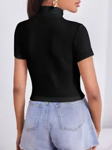 SHEIN Essnce Letter Print Stand Collar Short Sleeve T-shirt - Black - View 2