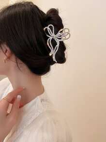 Rhinestone Bow Design Hair Claw - Gold - View 1