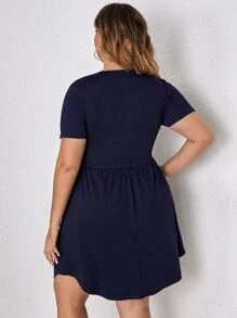 EMERY ROSE Plus Curved Hem Fake Button Dress - Navy Blue - View 2