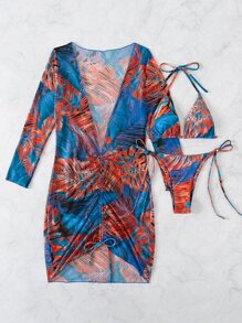 Tropical Print Bikini Set Halter Triangle Bra Top & Tie Side Bikini Bottom & Drawstring Cover Up Dress 3 Pieces Bikini Summer Beach - Blue - View 5