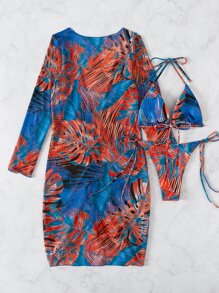 Tropical Print Bikini Set Halter Triangle Bra Top & Tie Side Bikini Bottom & Drawstring Cover Up Dress 3 Pieces Bikini Summer Beach - Blue - View 6