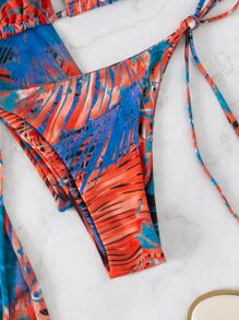 Tropical Print Bikini Set Halter Triangle Bra Top & Tie Side Bikini Bottom & Drawstring Cover Up Dress 3 Pieces Bikini Summer Beach - Blue - View 3
