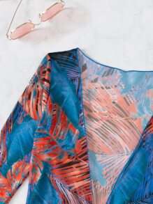 Tropical Print Bikini Set Halter Triangle Bra Top & Tie Side Bikini Bottom & Drawstring Cover Up Dress 3 Pieces Bikini Summer Beach - Blue - View 4