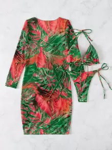 热带印花比基尼套装吊带三角胸罩上衣和系带侧比基尼下装和抽绳罩衫连衣裙 3 件比基尼夏季海滩 - 綠色 - 查看 7