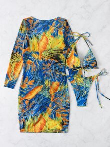 SHEIN Swim 夏季海滩热带印花比基尼套装吊带三角胸罩上衣和系带侧比基尼下装和抽绳罩衫连衣裙 3 件套比基尼 - 黃色 - 查看 4