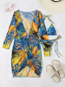 SHEIN Swim 夏季海滩热带印花比基尼套装吊带三角胸罩上衣和系带侧比基尼下装和抽绳罩衫连衣裙 3 件套比基尼 - 黃色 - 查看 6
