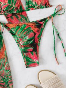 热带印花比基尼套装吊带三角胸罩上衣和系带侧比基尼下装和抽绳罩衫连衣裙 3 件比基尼夏季海滩 - 綠色 - 查看 3