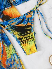 SHEIN Swim 夏季海滩热带印花比基尼套装吊带三角胸罩上衣和系带侧比基尼下装和抽绳罩衫连衣裙 3 件套比基尼 - 黃色 - 查看 7