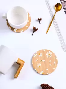 1pc Daisy Pattern Random Wooden Coaster, Boho Flower Print Bamboo Cup Coaster For Dinner Table