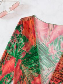 热带印花比基尼套装吊带三角胸罩上衣和系带侧比基尼下装和抽绳罩衫连衣裙 3 件比基尼夏季海滩 - 綠色 - 查看 5