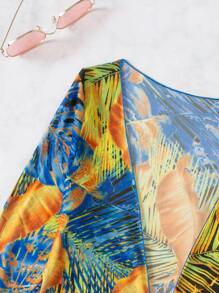 SHEIN Swim 夏季海滩热带印花比基尼套装吊带三角胸罩上衣和系带侧比基尼下装和抽绳罩衫连衣裙 3 件套比基尼 - 黃色 - 查看 3
