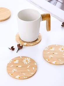 1pc Daisy Pattern Random Wooden Coaster, Boho Flower Print Bamboo Cup Coaster For Dinner Table