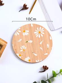 1pc Daisy Pattern Random Wooden Coaster, Boho Flower Print Bamboo Cup Coaster For Dinner Table
