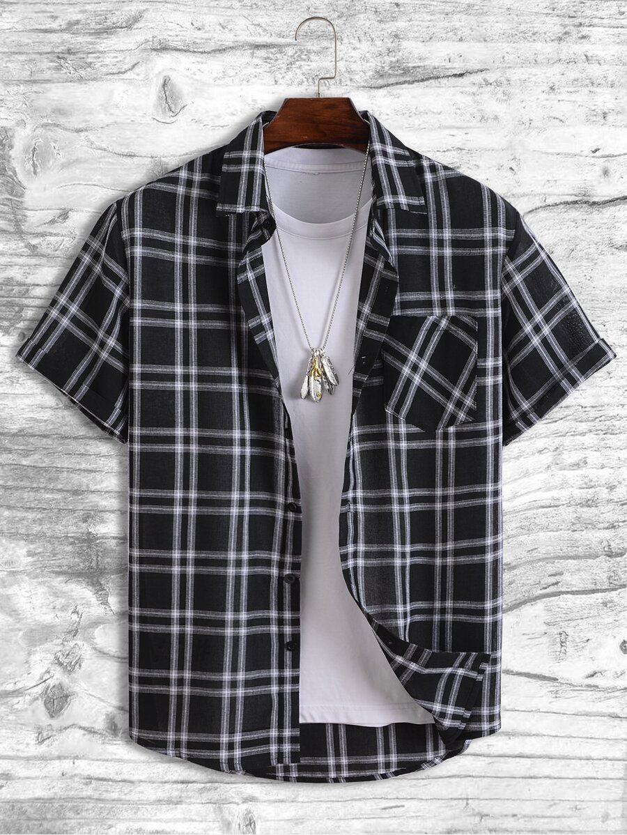 Manfinity Men 1pc Plaid Pocket Front Shirt - Black and White - View 1