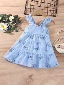 Bebé Vestido con estampado floral bajo con fruncido - Celeste - Ver 1
