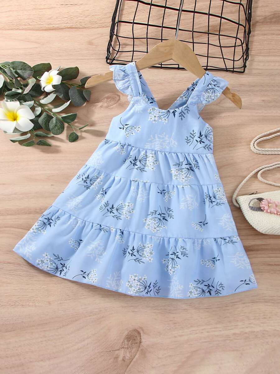 Bebé Vestido con estampado floral bajo con fruncido - Celeste - Ver 1