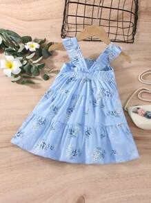Bebé Vestido con estampado floral bajo con fruncido - Celeste - Ver 2