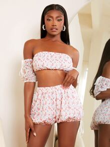 SHEINNeu 小碎花一字肩短款上衣和短褲 - 彩色 - 查看 4