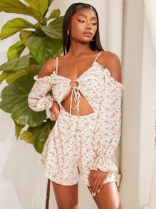 SHEINNeu Floral Print Cold Shoulder Ruffle Trim Flounce Sleeve Tie Front Romper - Multicolor - View 4