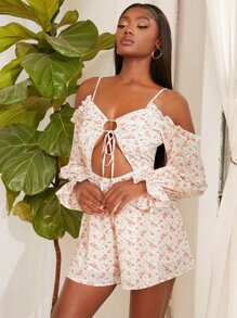 SHEINNeu Floral Print Cold Shoulder Ruffle Trim Flounce Sleeve Tie Front Romper - Multicolor - View 1