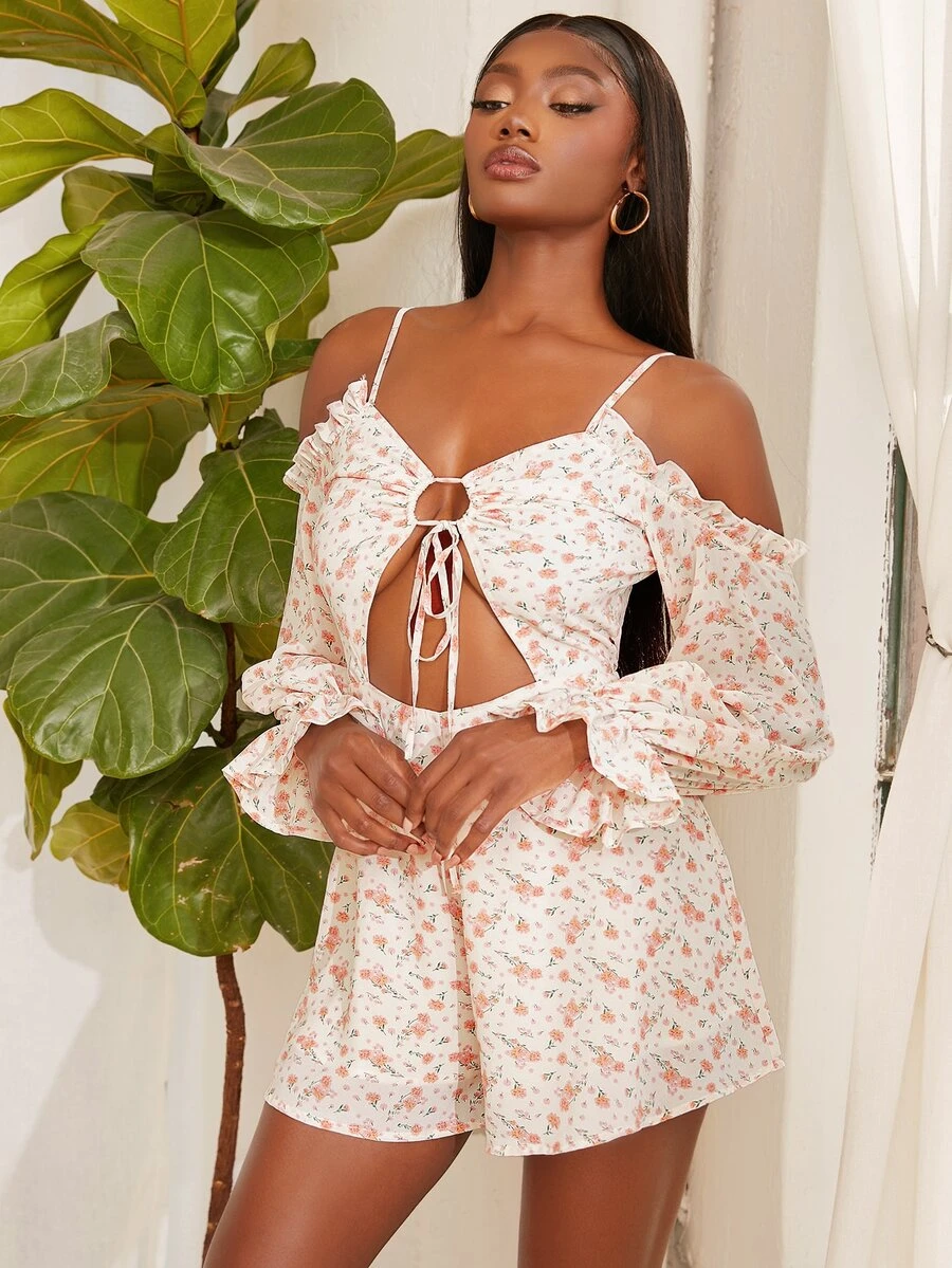 SHEINNeu Floral Print Cold Shoulder Ruffle Trim Flounce Sleeve Tie Front Romper - Multicolor - View 1