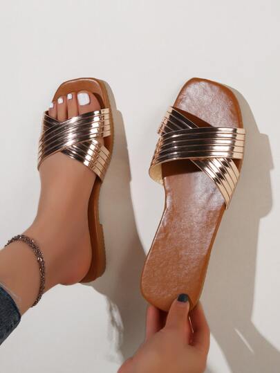 Women's Fashionable Cross Straps Flat Sandals, Slides