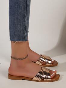 Women's Fashionable Cross Straps Flat Sandals, Slides - Gold - View 4
