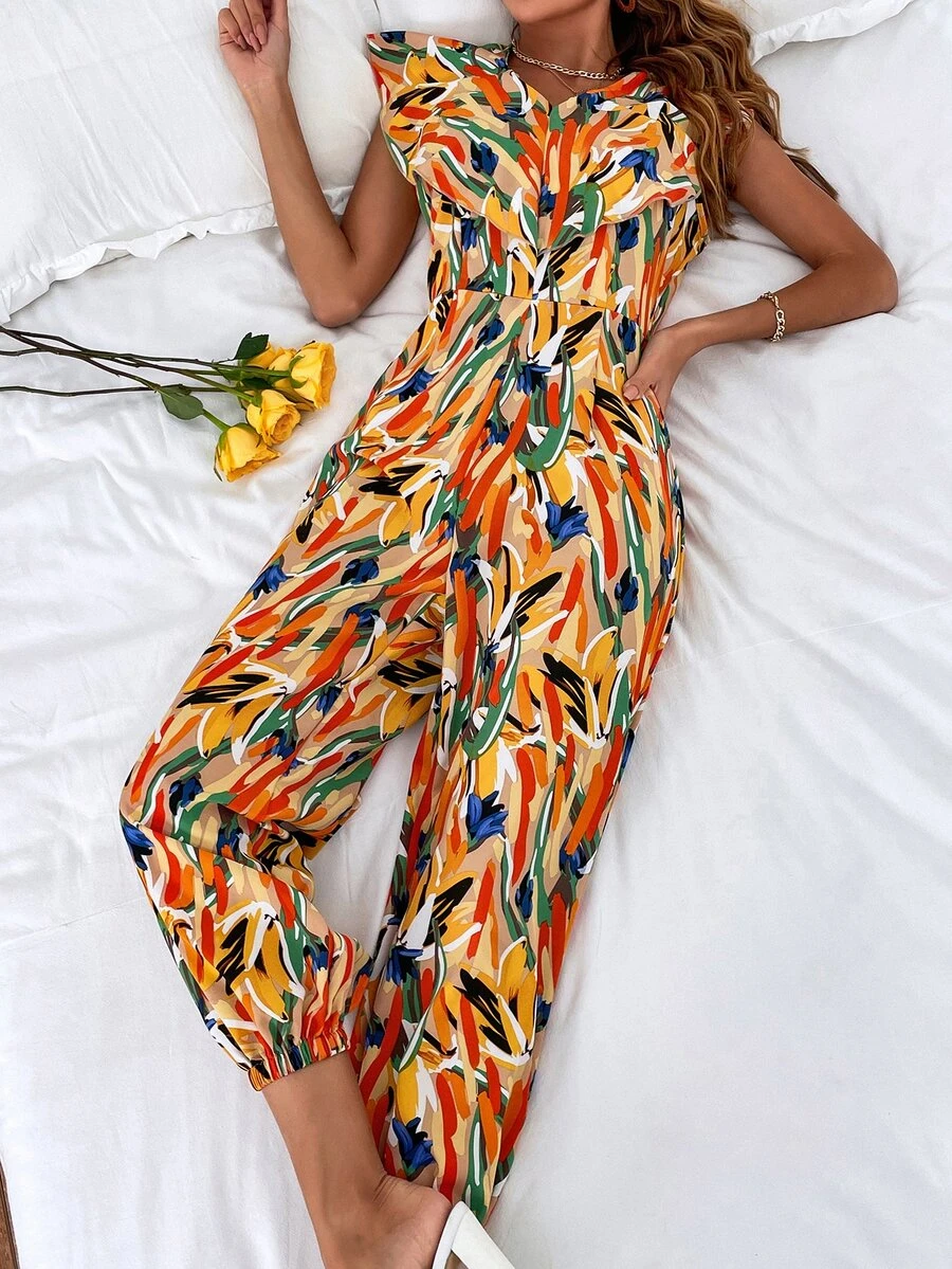 Allover Print Ruffle Trim Jumpsuit