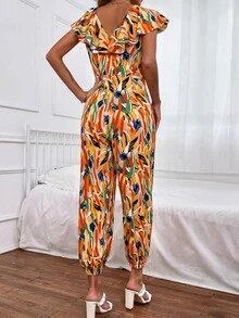 Allover Print Ruffle Trim Jumpsuit