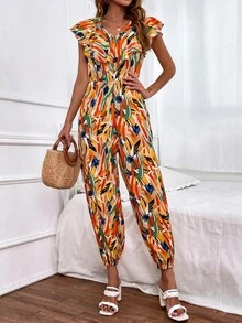 Allover Print Ruffle Trim Jumpsuit