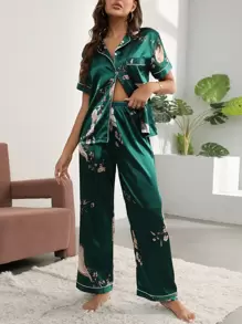 Ensemble pyjama en satin à imprimé floral, pour les vacances