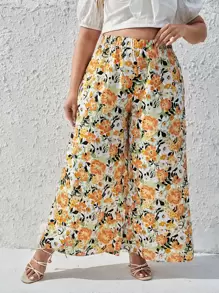 SHEIN Frenchy Plus Allover Floral Wide Leg Trousers - Multicolor - View 1