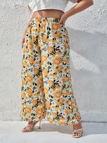 SHEIN Frenchy Plus Allover Floral Wide Leg Trousers - Multicolor - View 4