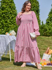 Plus Gingham Print Shirred Flounce Sleeve Ruffle Hem Dress - Red and White - View 1